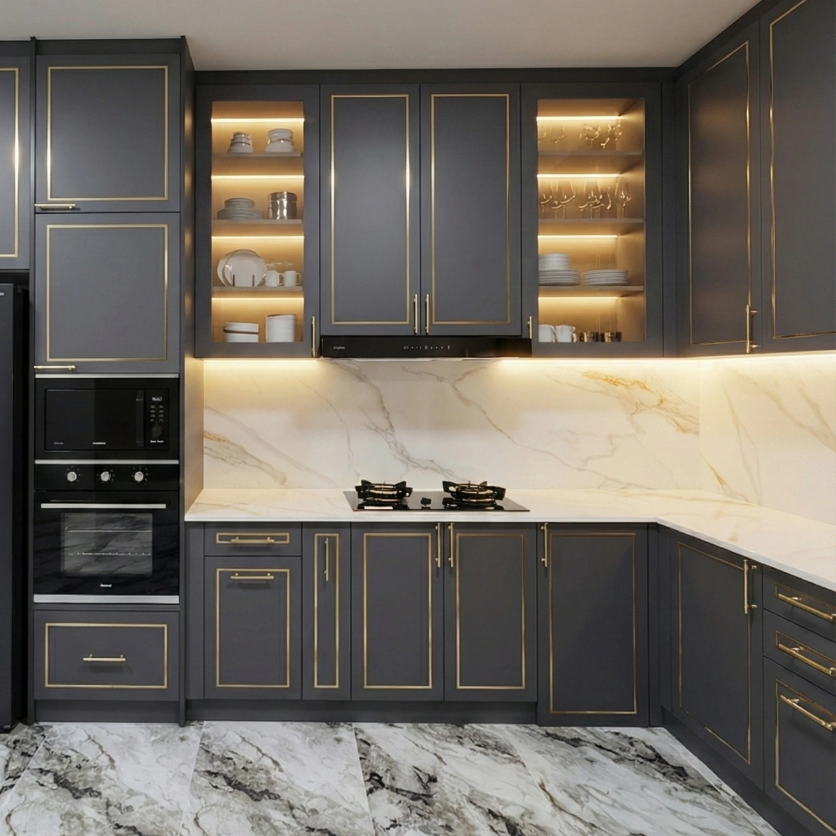 ตัวอย่าง เคาน์เตอร์ครัวรูปตัว L เพิ่มพื้นที่เตรียมอาหาร