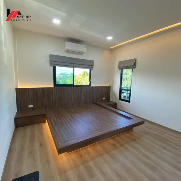 เตียงบิ้วอินห้องนอนโมเดิร์นพร้อมไฟซ่อนใต้เตียง